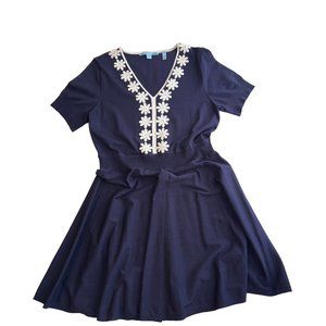Draper James Navy Blue Crochet Daisy Short Sleeve Mini Sweater Dress Womens XL